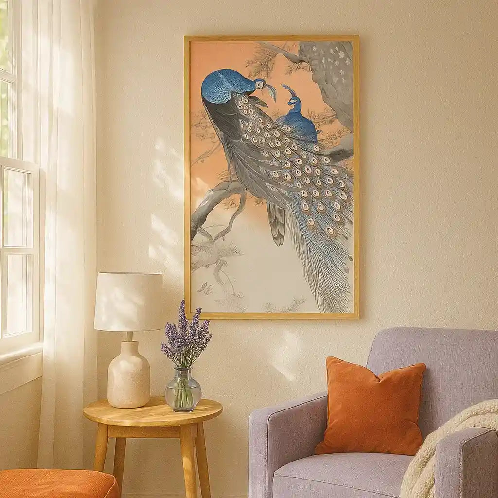 Two peacocks on tree branch (1900 - 1930) Digital Art Print