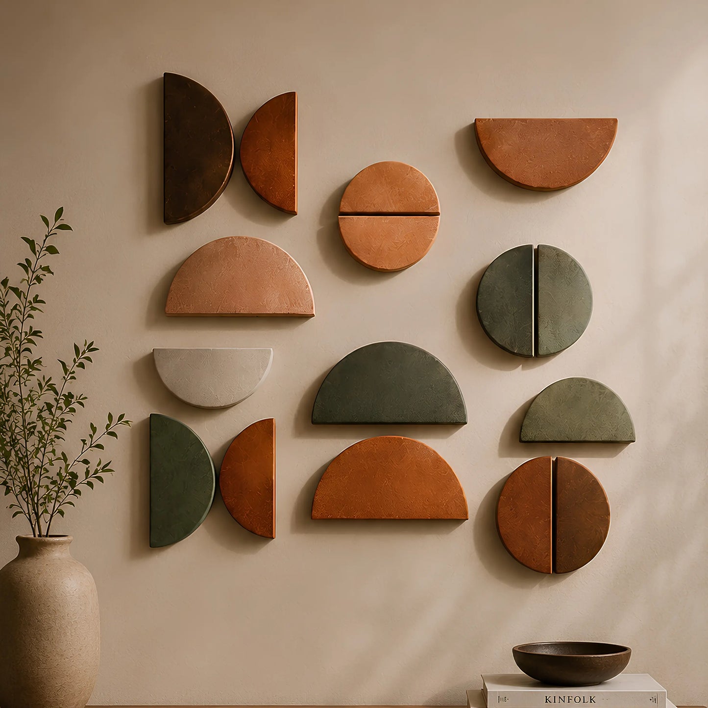 A set of abstract geometric wall art pieces in terracotta, sage green, and cream, arranged in a semi-circular pattern on a beige wall. The set includes various shapes like semicircles, quarter circles, and segmented arcs.
