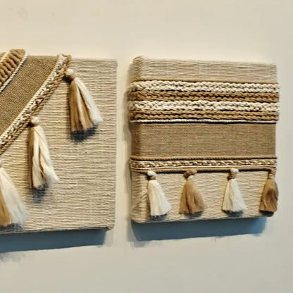 Close-up of handmade cotton cord knotwork on Knotscape textured wall art panel