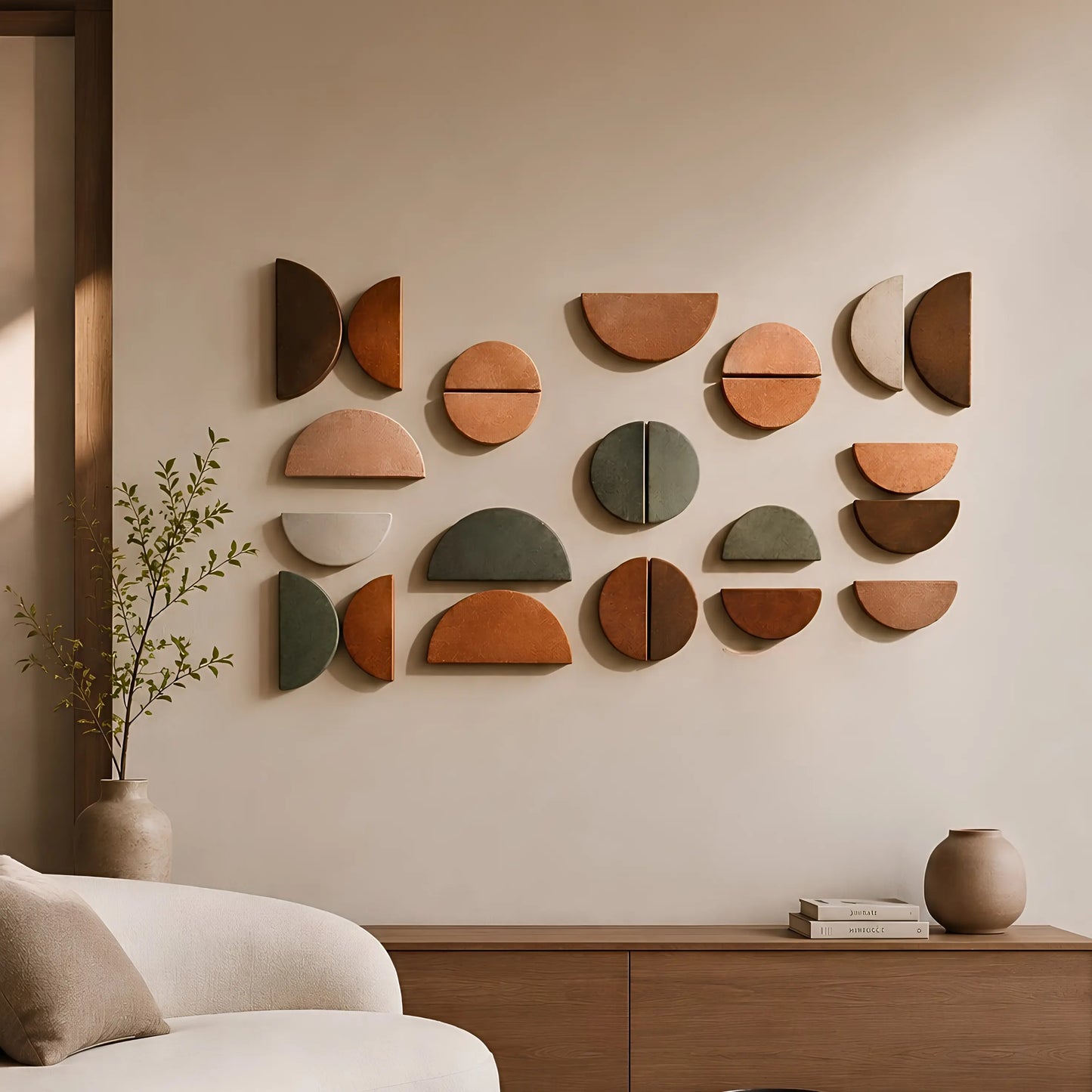 A set of geometric wall-mounted shelves in earthy terracotta, sage green, beige, and brown tones arranged in a grid on a beige wall above a wooden console table with a sofa in the foreground.