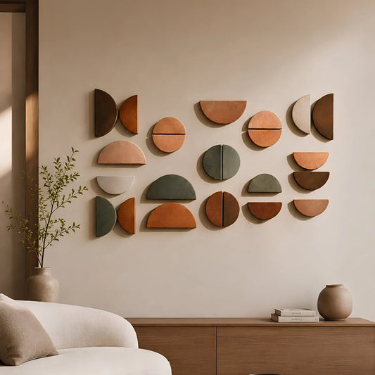 A set of geometric wall-mounted shelves in earthy terracotta, sage green, beige, and brown tones arranged in a grid on a beige wall above a wooden console table with a sofa in the foreground.