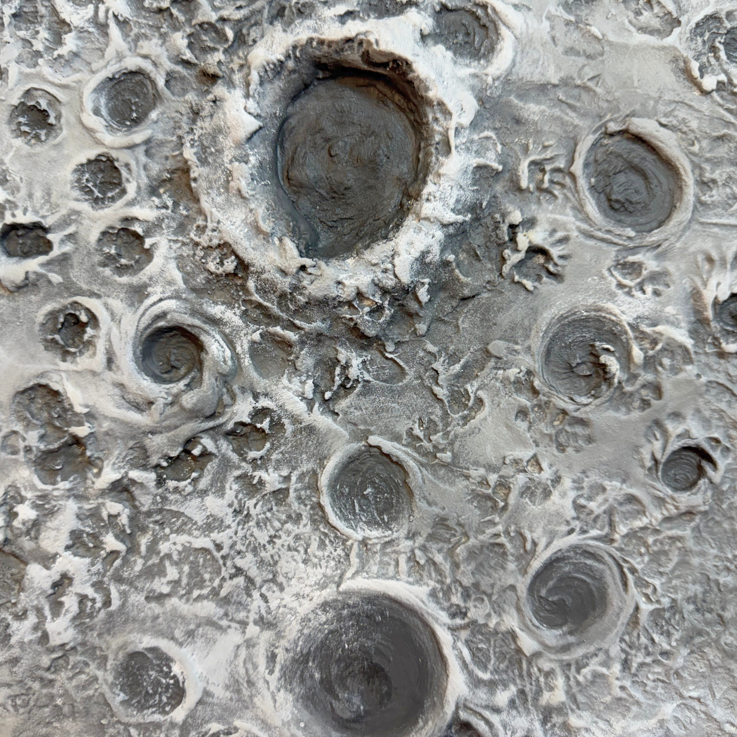 A close-up abstract texture or print featuring a mottled gray and off-white surface with multiple circular and crater-like forms.