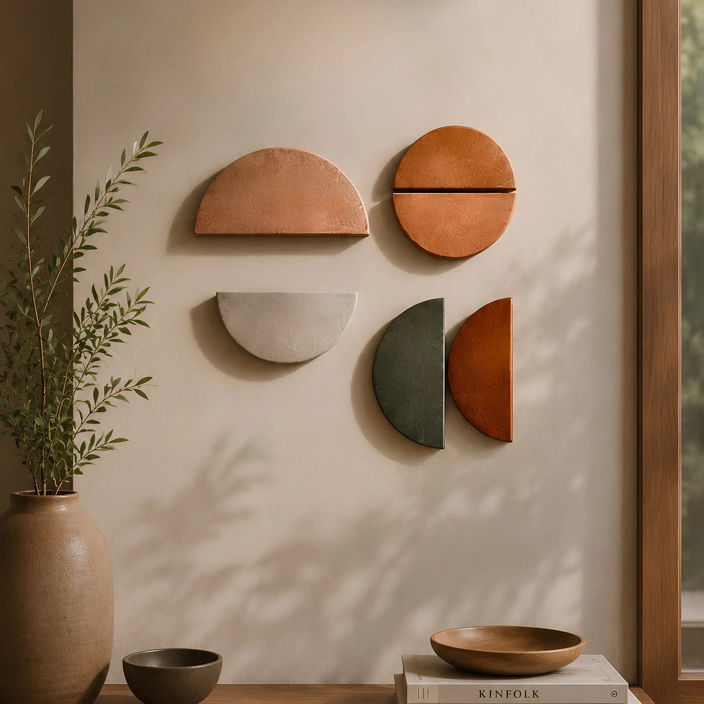 Five terracotta and earthy ceramic semi-circular wall art pieces arranged on a beige wall in a styled interior setting with a plant, bowls, and a book.