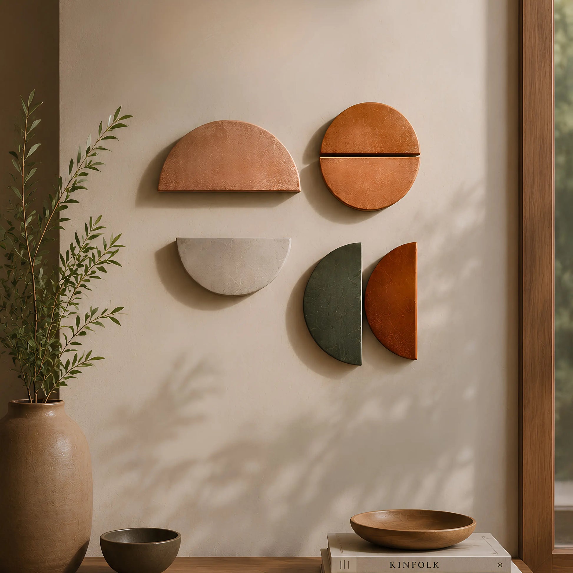 Five terracotta and earthy ceramic semi-circular wall art pieces arranged on a beige wall in a styled interior setting with a plant, bowls, and a book.