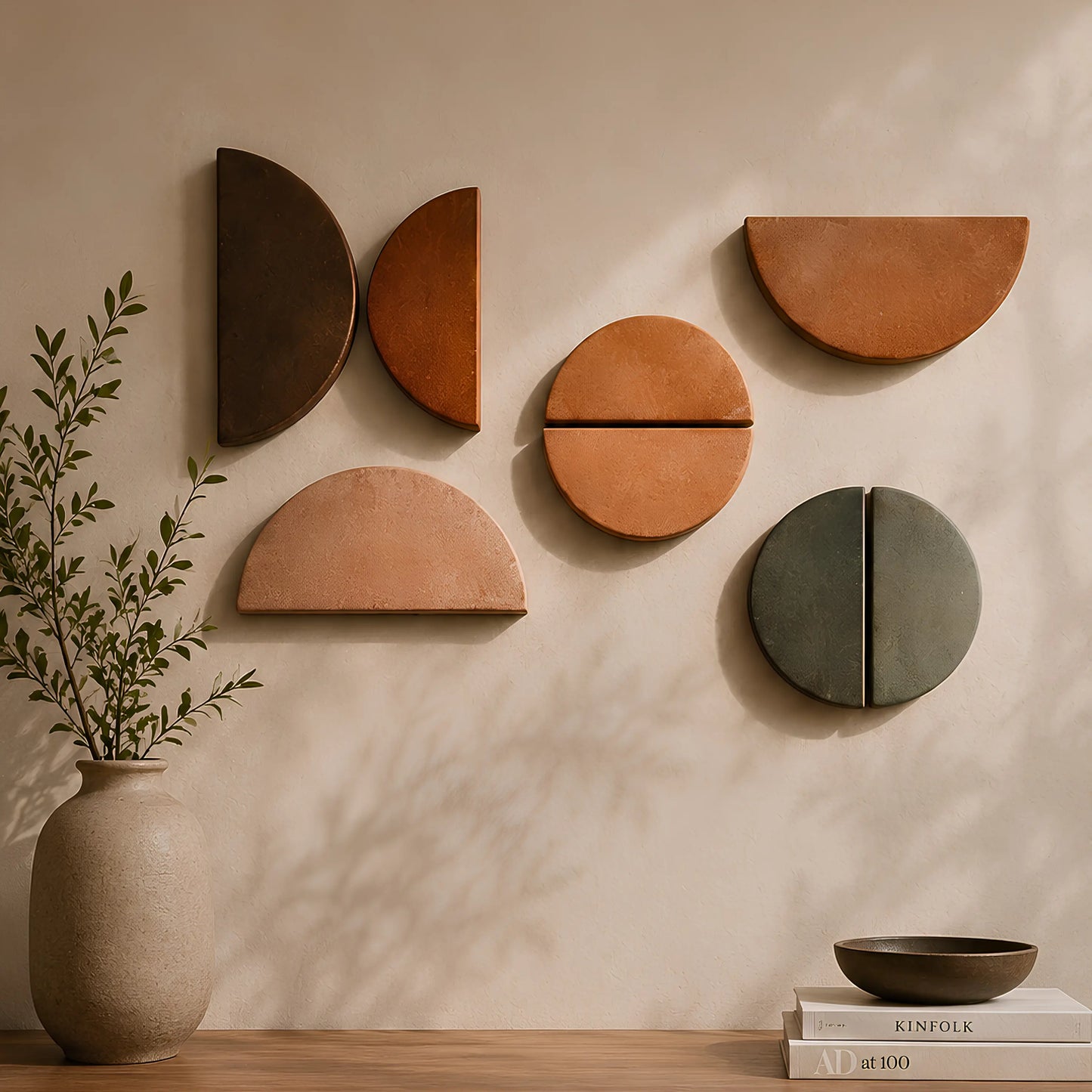 A set of seven terracotta and earthy ceramic wall art pieces in various geometric shapes mounted on a beige wall, styled with a ceramic vase of greenery and books on a wooden table.