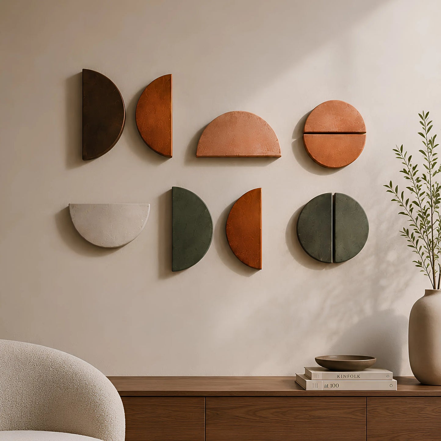 A set of nine terracotta and earthy-toned semi-circular wall art pieces arranged in two rows on a beige wall above a wooden console table, with a vase of greenery and part of a chair visible in a styled interior setting.