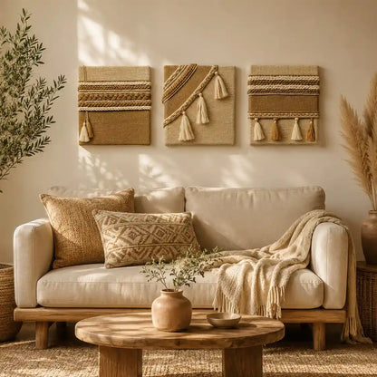 Knotscape thread wall art set of three panels featuring woven cotton cord texture on canvas